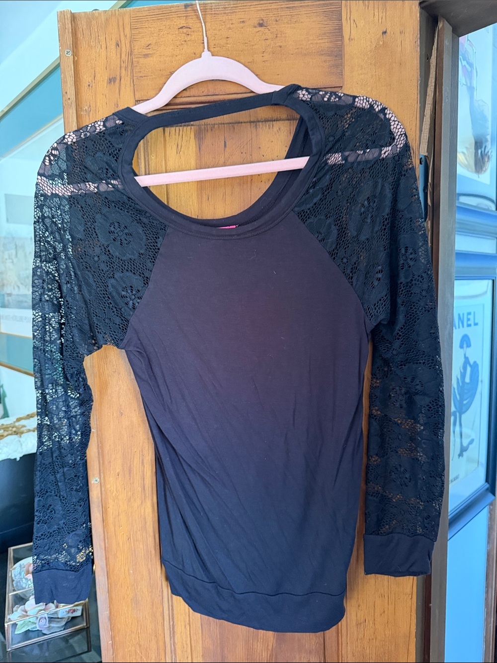 Betsey Johnson Black Lace-Sleeve Long Sleeve Top